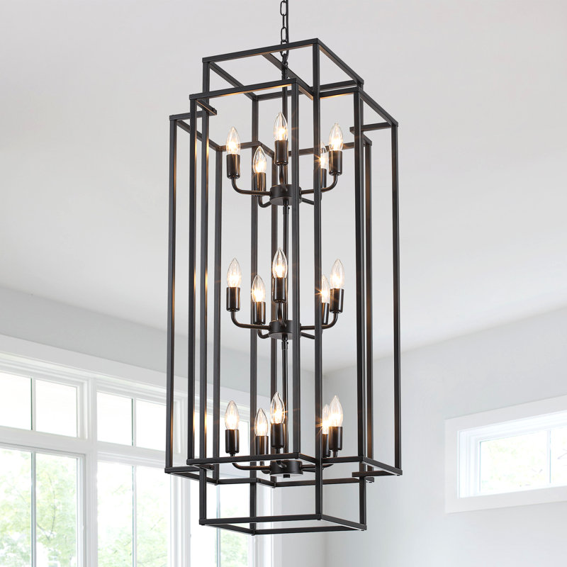 Grand lustre campagnard carré / rectangulaire à 3 lumières 15 lumières, Noir mat, H 42,52 po x l 17,72 po x P 17,72 po