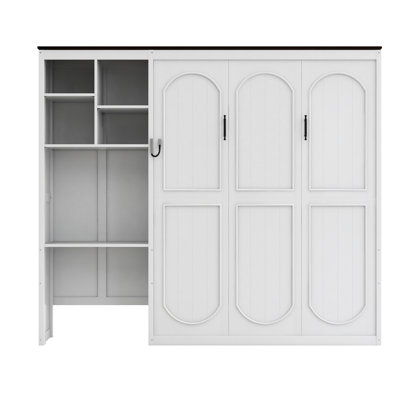 Lit escamotable Queen Size avec bureau intégré et armoire de rangement à plusieurs niveaux, blanc