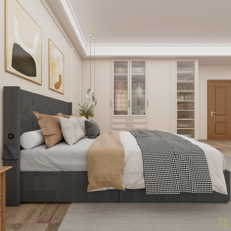Cadre de lit grand format avec rangement - Lit de rangement relevable avec tête de lit moderne à oreilles, ports USB