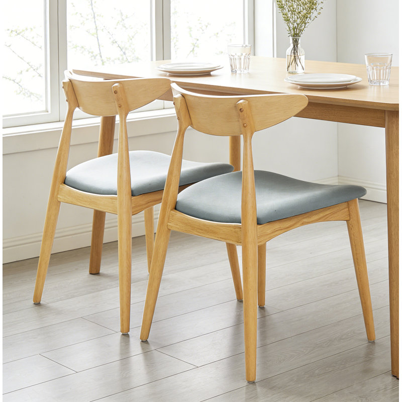Ensemble de 2 chaises en bois d'hévéa rétro avec dossier incurvé et coussin, Gris clair, Bois naturel