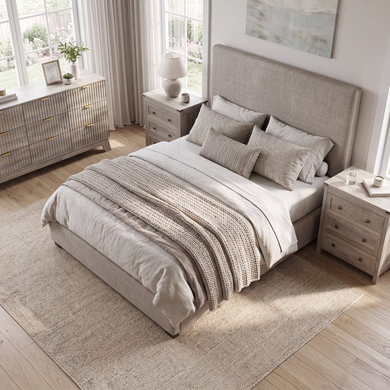 Ensemble de chambre à coucher moderne 3 pièces, commode double 9 tiroirs l 57 po avec 2 tables de chevet 26,4 po l, Gris