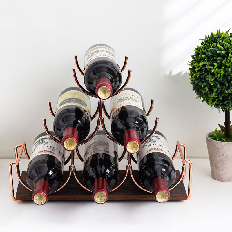 6 Bottle Metal/ Solid Wood Tabletop Wine Bottle Rack in Brown/Rose Gold