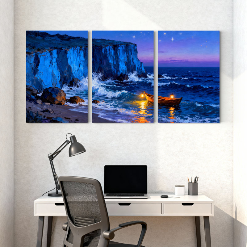 Abstrait océan, falaise, bateau, nuit, étoiles, vagues, reflet de la lumière, ensemble de 3 impressions sur toile