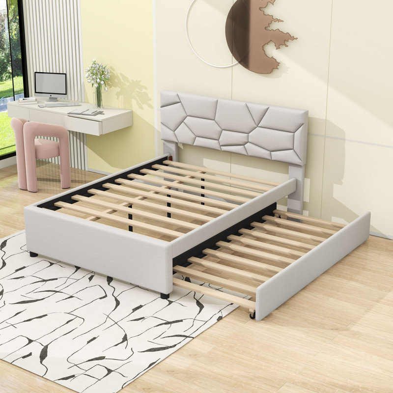 Lit plateforme double avec lit gigogne et tête de lit double, Beige