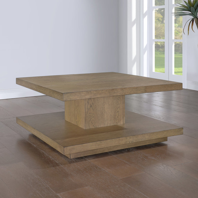 Maricelys 38" Square Oak Wood Coffee Table with Shelf and Casters, Brown