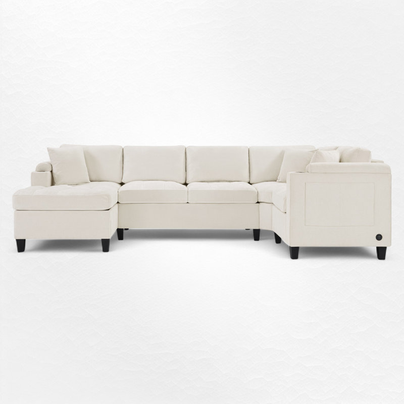 U-Shaped Sectional Sofa With Storage And USB Ports, Beige Chenille