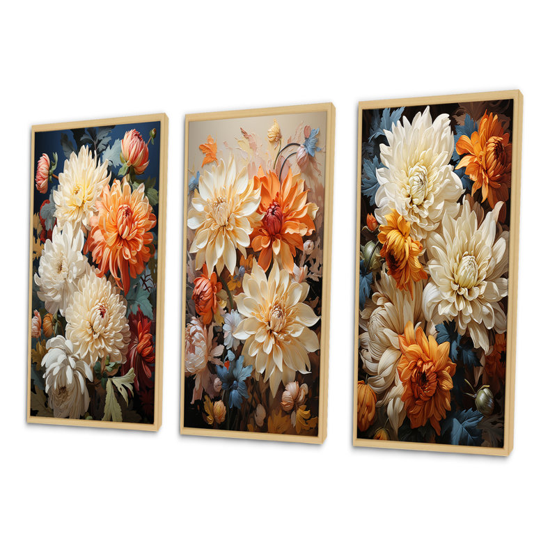 «Chrysanthemums Autumn Collage», 3 pièces sur toile, Encadré naturel, H 40 po x l 60 po