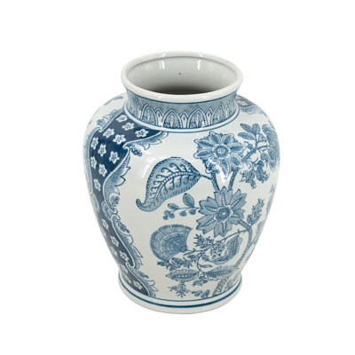 Vase en porcelaine bleue et blanche à motifs floraux, 9,1 po de diamètre x 11 po de hauteur
