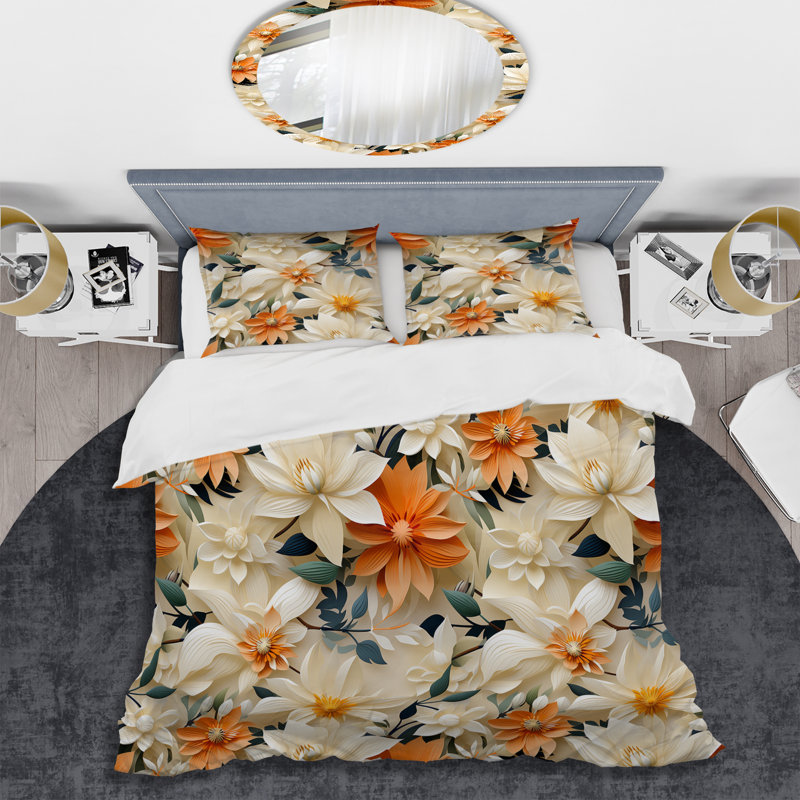 Ensemble de housse de couette à motif floral blanc et beige Dahlia Floral II