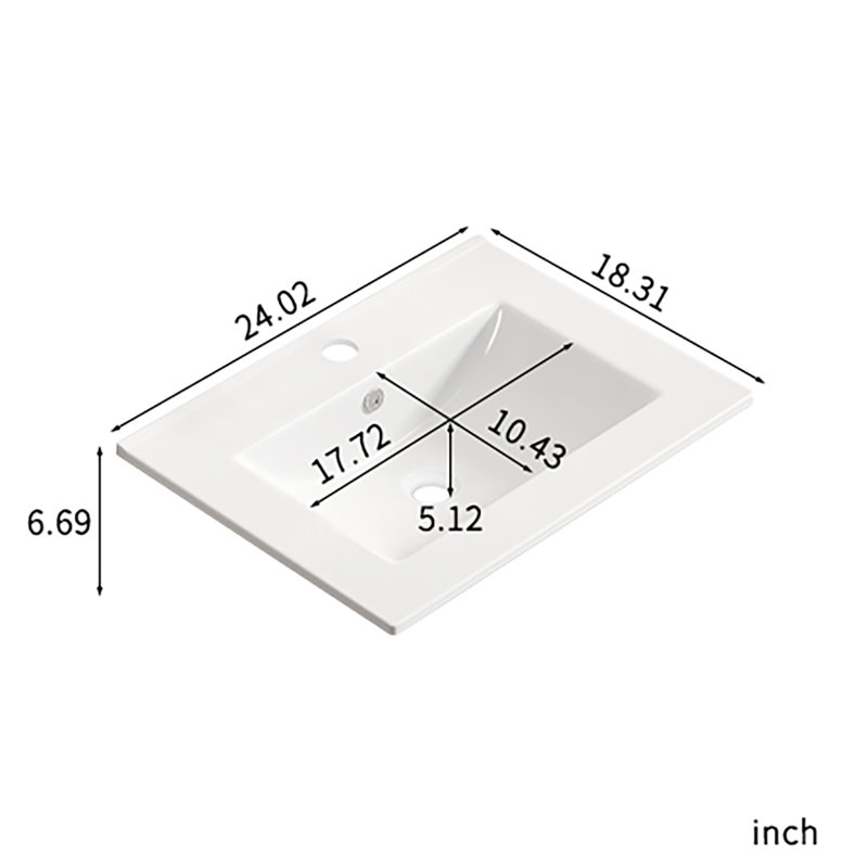 24,02 po Comptoir de salle de bain rectangulaire encastré en céramique blanc