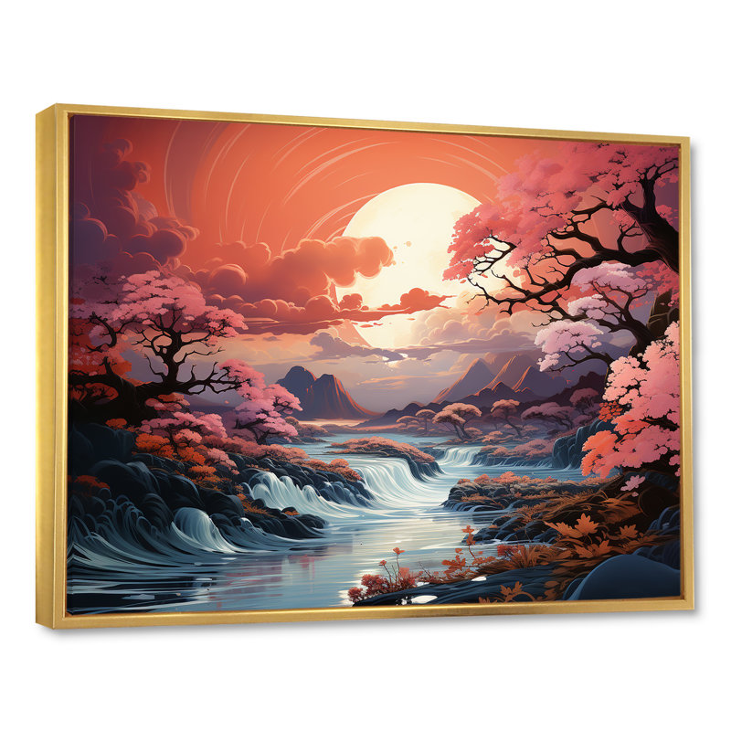 Paysage japonais de tempête océanique IV sur toile, Cadre flottant doré, H 16 po x l 32 po x P 1 po