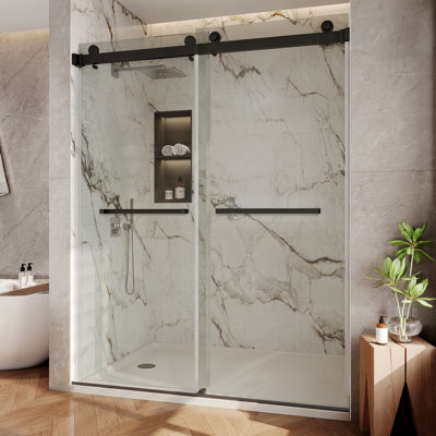 Sola 56"-61" W X 79 H Frameless Double Sliding Shower Door In Matte Black With 3/8"(10mm) SGCC Certified Clear Tempered Glass, 2 Towel Bars
