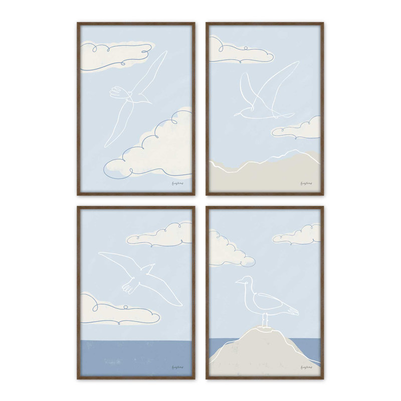 Ensemble de 4 impressions Chill Seagulls, Noyer, Impression encadrée, 18 po x 12 po