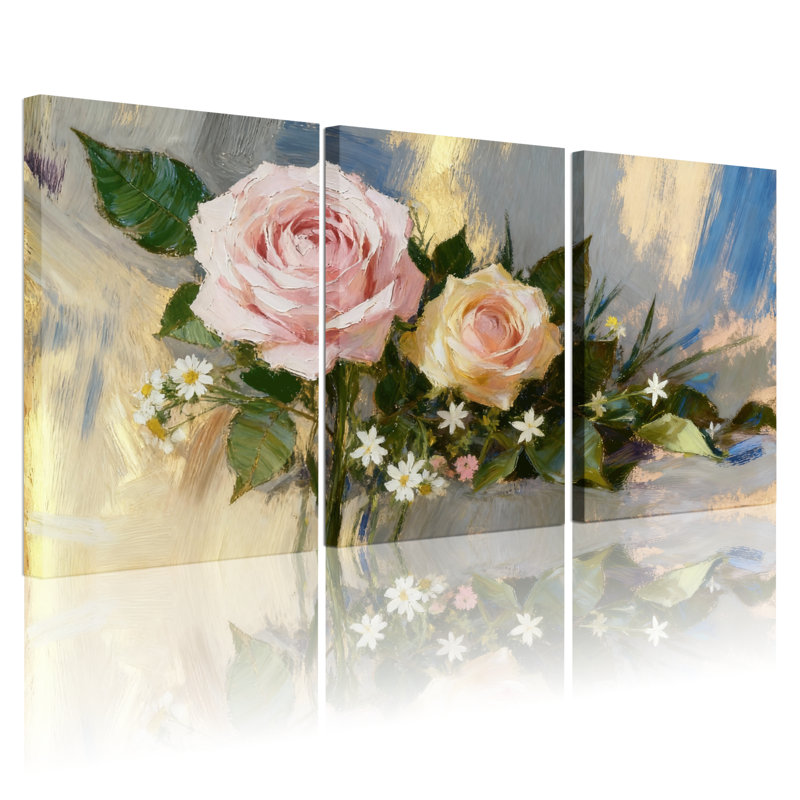 Ensemble de 3 impressions sur toile roses et roses et marguerites blanches, H 18 po x l 36 po
