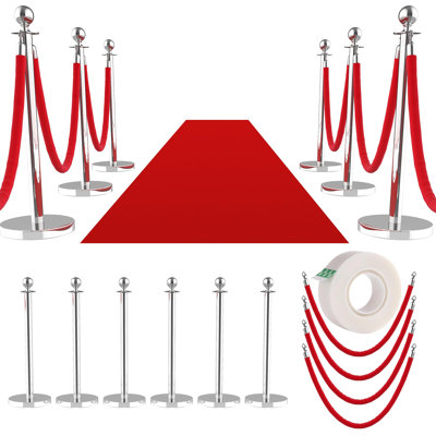 Poteaux en acier inoxydable de qualité supérieure avec cordes en velours rouge et tapis rouge de 26 pi - Barrière de contrôle des foules argentée, clôture extérieure décorative - 12 pièces