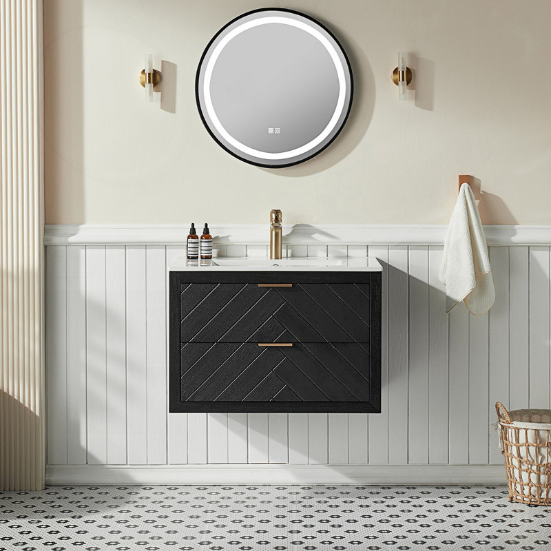 Meuble-lavabo flottant simple avec lavabo en céramique, Noir