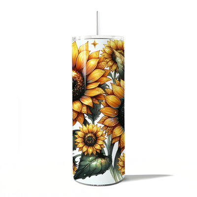 Glittered Sunflower Pattern 20oz Personalized Tumbler With Lid and Stainless Steel Straw, Yellow Summer Flowers Travel Mug Gift