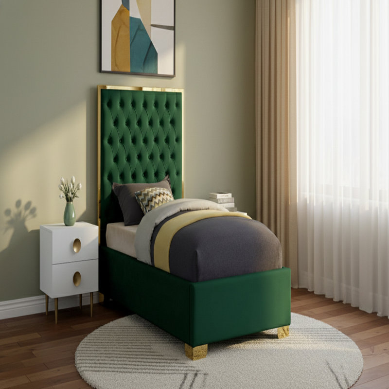 Spadaro Upholstered Platform Bed, Green Velvet, Gold, Twin