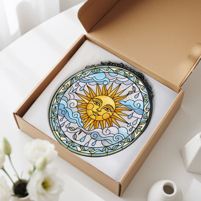 Sun Face Stained Glass Window Panel，7.8H