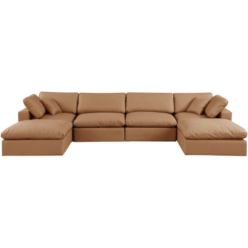 Hivay 160" Wide Faux Leather Reversible Modular Corner Sectional with Ottoman, Cognac Vegan Leather
