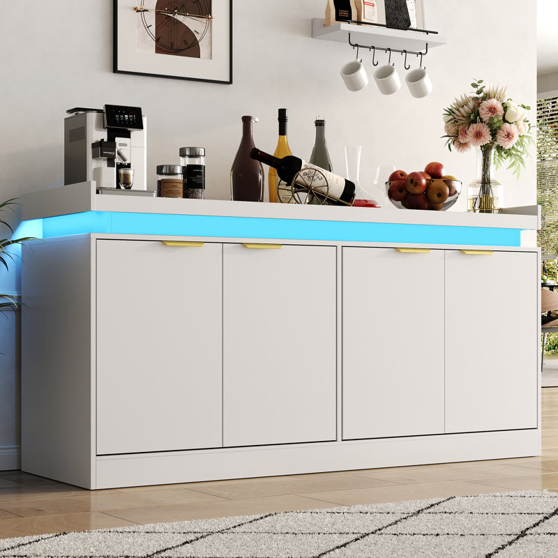 63'' Led Sideboard Buffet Cabinet With Storage, Large Kitchen Buffet Cabinet Storage Cabinets With 4 Doors, Wood Coffee Bar Cabinets Buffet Table, White Organizer Cabinet For Kitchen, Dining Room, Entryway