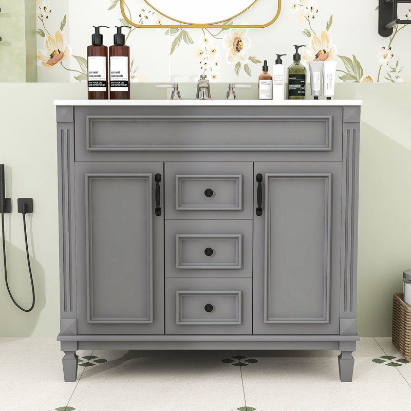Meuble-lavabo de salle de bain avec lavabo, tablettes de rangement, tiroirs et portes, Gris