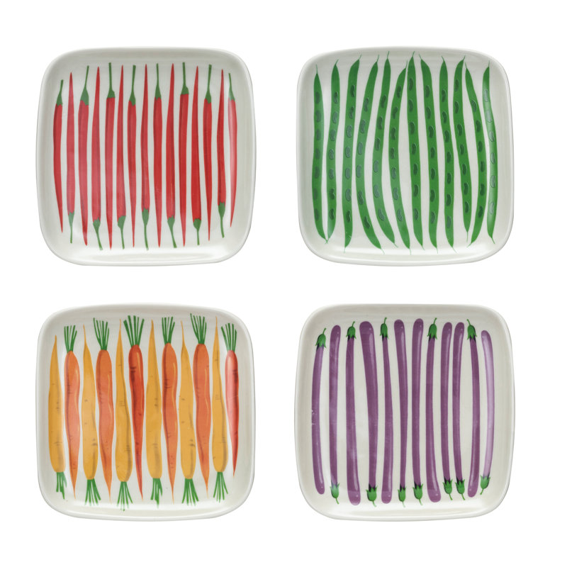 Square Hand‑Painted Stoneware Plate with Vegetables Pattern