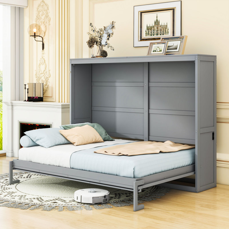 Lit escamotable en bois avec lattes de soutien, gris, Double