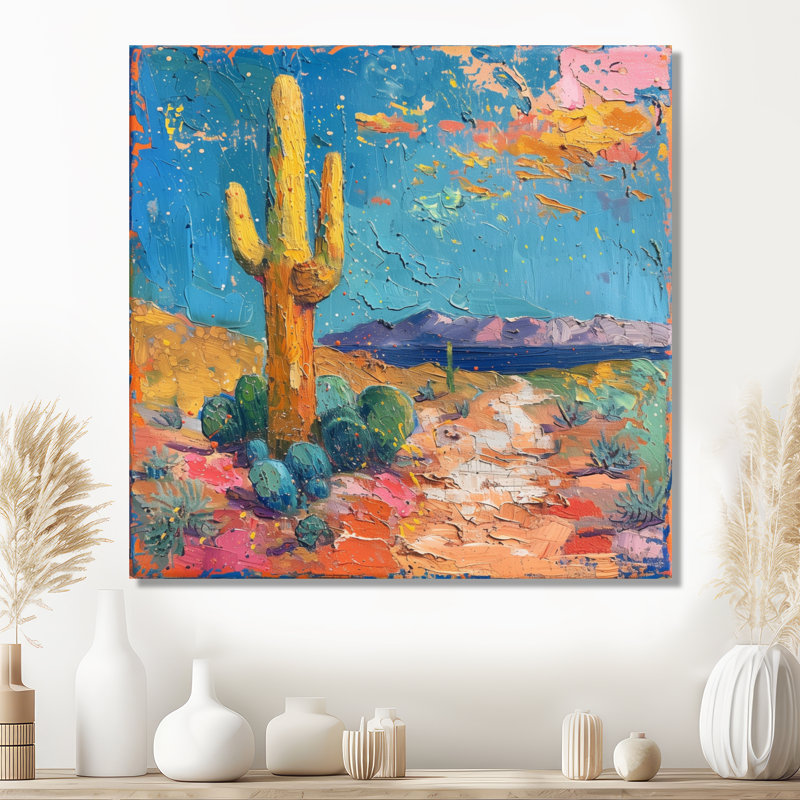Jaune jaune, bleu du sud-ouest, désert, cactus - impression d'art mural cactus floral, H 30 po x l 30 po x P 1 po