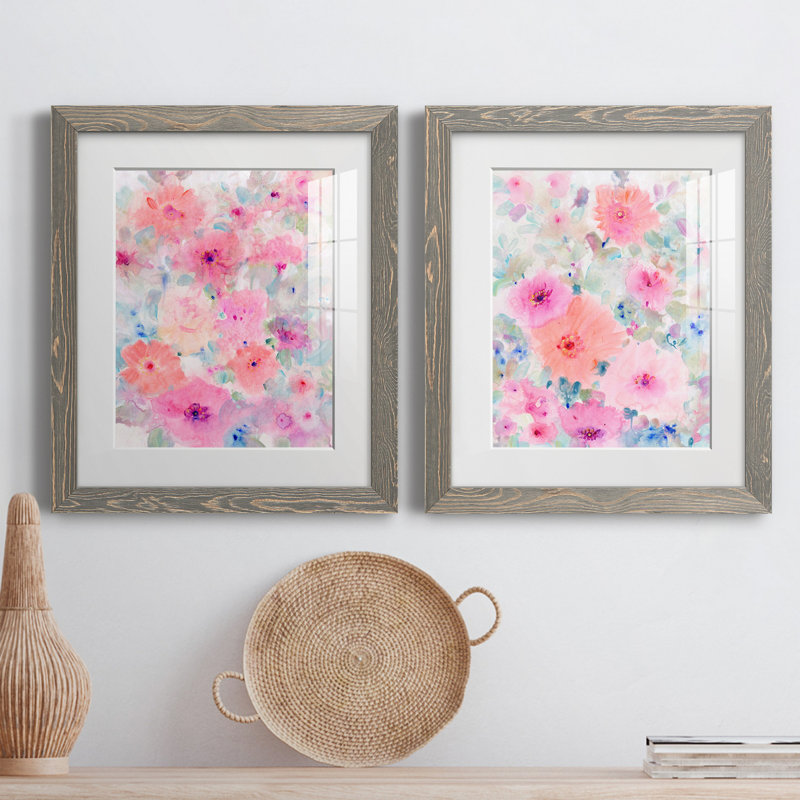 «Bright Floral Design I», ensemble de 2 reproductions d'art sur papier encadrées, Papier encadré blanc