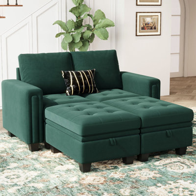 Shavera 4 - Piece Velvet Sectional Sofa Convertible Sleeper Couch Apartment Sofa Bed with Storage Ottomans