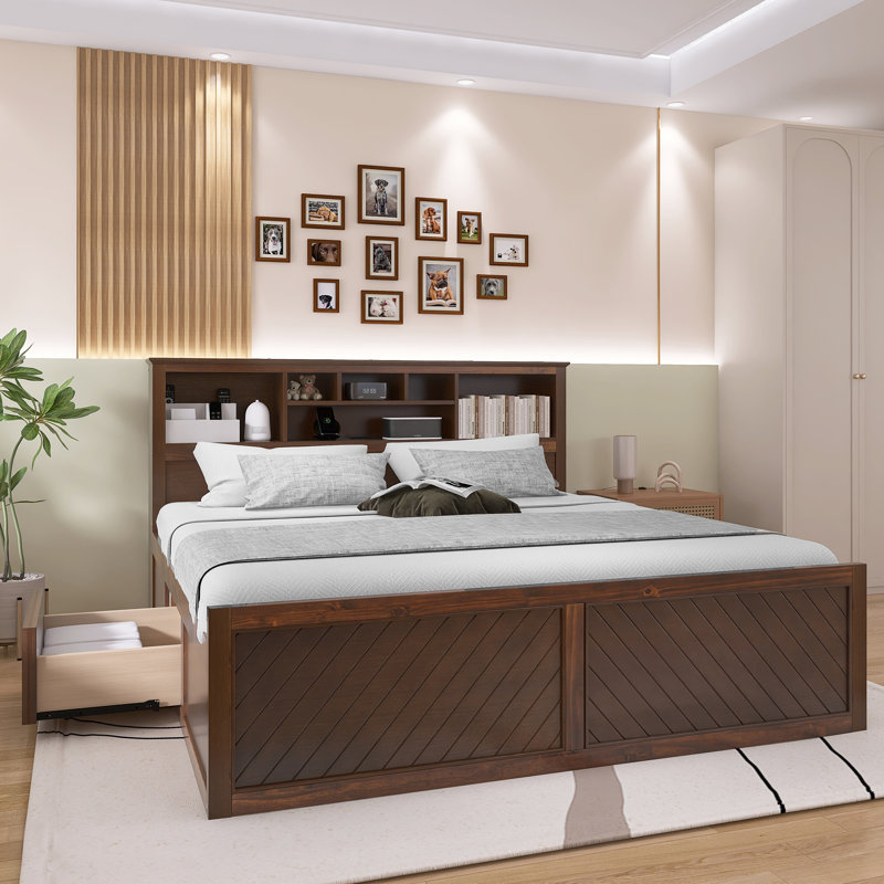 Lit plateforme très grand en bois avec tête de lit multi-rangement, USB et tiroirs, Brown