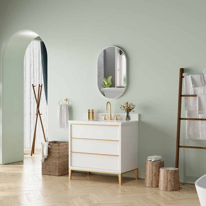 Bathroom Wall Mounted Oval Metal Framed Mirror, 32" x 20", White
