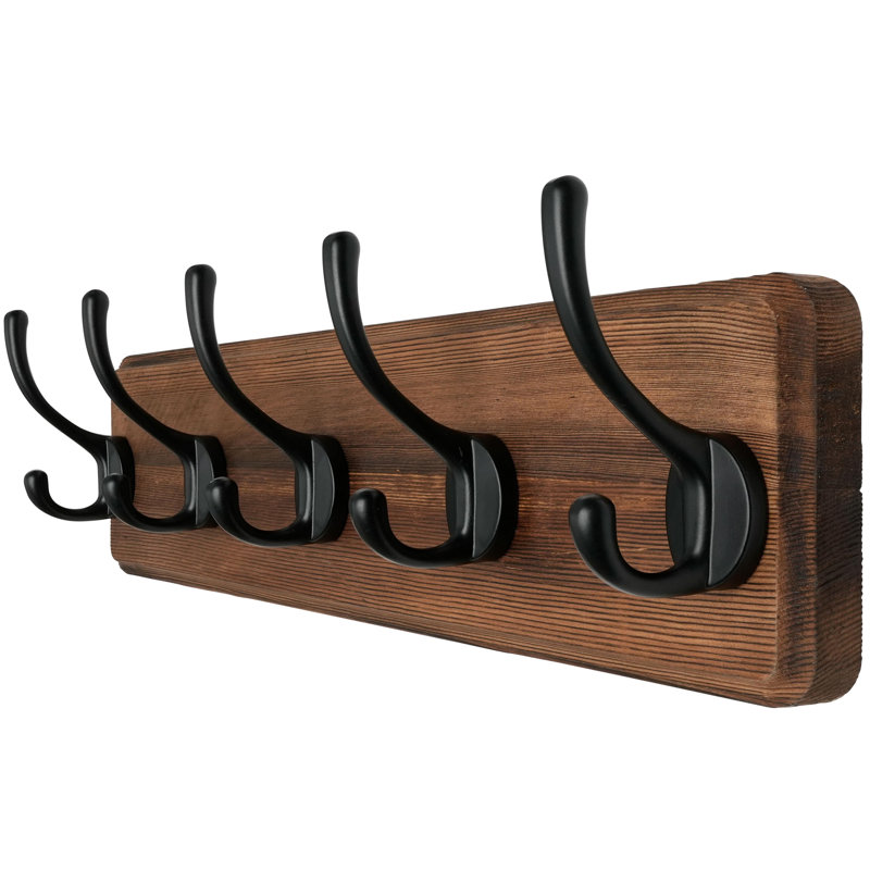 17.4" Long 5-Double-Hooks Wooden Coat Rack Wall Mount, Brown