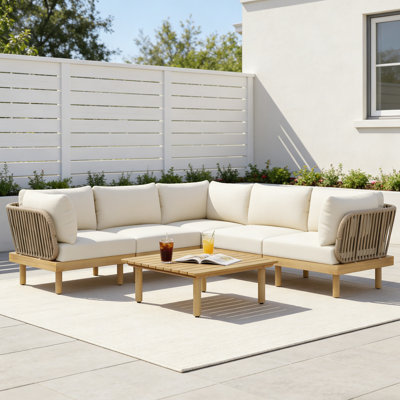 Ensemble de 6 canapés modulaires d'extérieur en L en bois d'acacia avec dossier en corde et coussins résistants aux intempéries