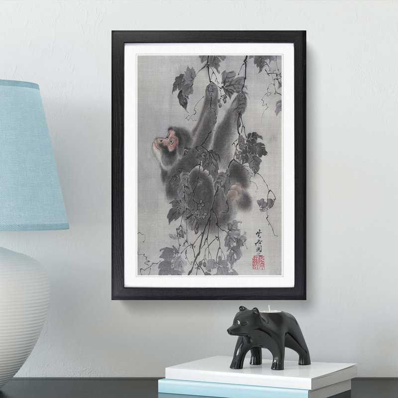 Monkey Hanging from a Tree by Kawanabe Kyosai - Picture Frame Painting Print, Black Framed, 65cm H x 48cm W x 2cm D