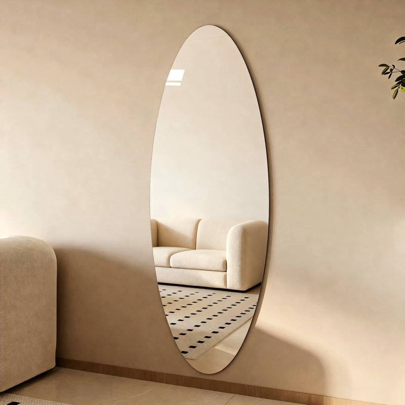 Miroir moderne ovale pleine longueur 63 po x 21 po, verre argenté, incassable, à fixation verticale ou adhésive, idéal pour un usage domestique et commercial