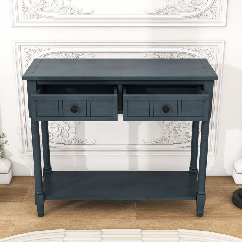 Console Charmie en bois avec deux tiroirs et tablette ouverte pour le salon, Bleu marine
