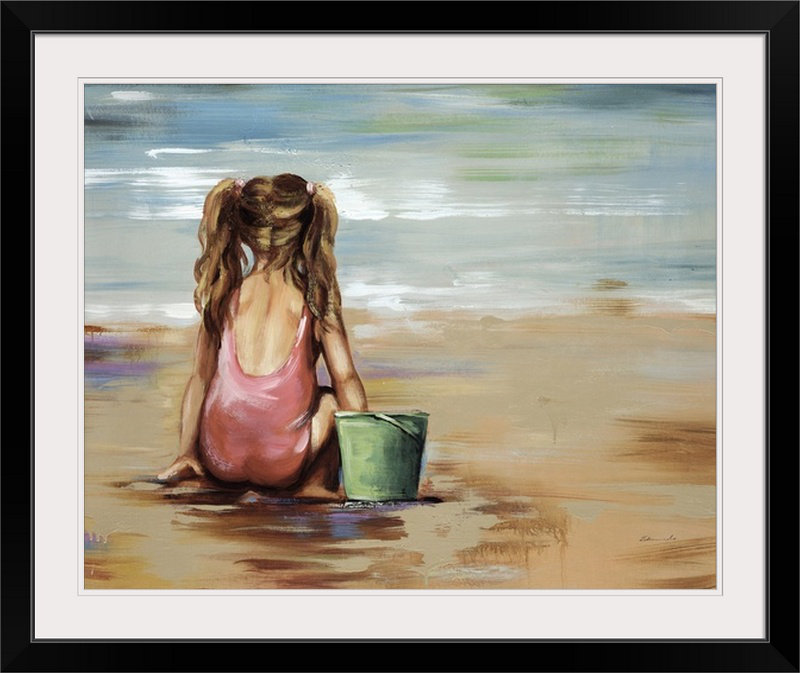 'fille Avec Seau Par Sydney Edmunds Peinture Impression, 24" H x 28" lx 1" p, Noir encadré