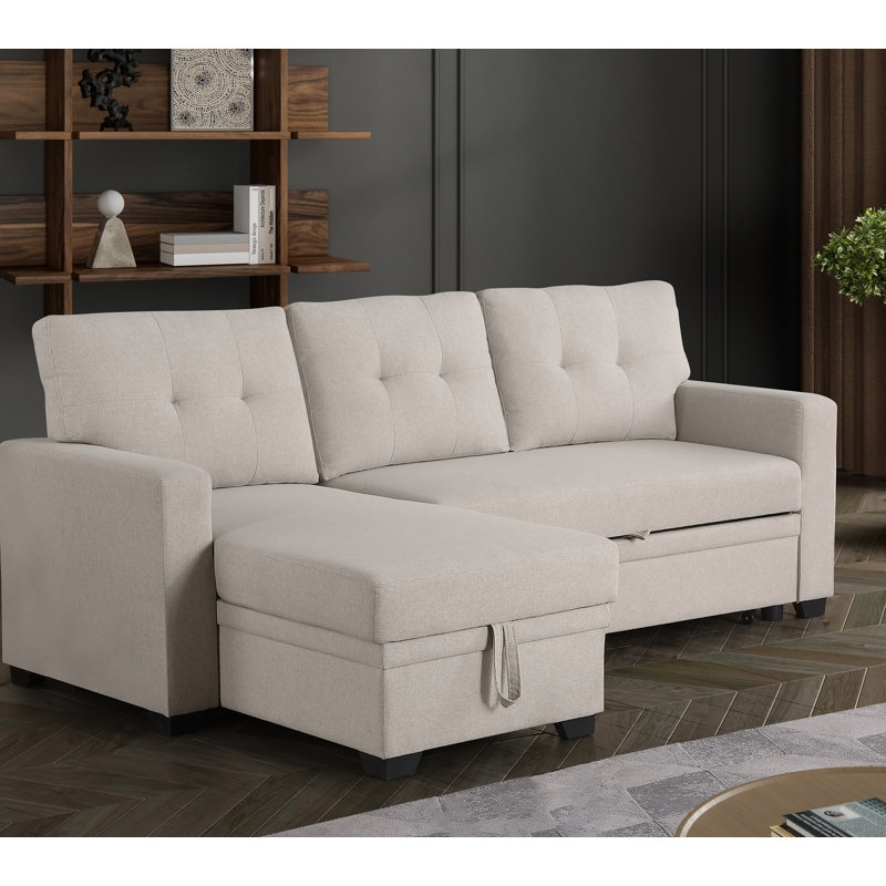 Canapé modulaire convertible rembourré avec méridienne coulissante, Lin beige, Orienté vers la gauche