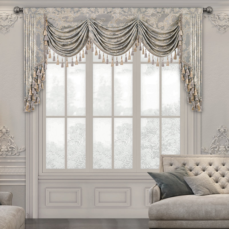 Cantonnière à feston classique avec pampilles, cantonnière en jacquard gris clair, habillage de fenêtre 1 panneau