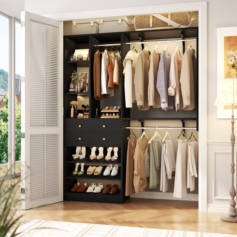 Closet System With Wood Drawers Ans Shoe Storage, Black