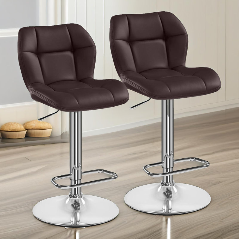 Begajeta Two Adjustable Height Bar Stools, Swivel Stool, Vegan Leather, Kitchen Dining Chair, Natural Brown