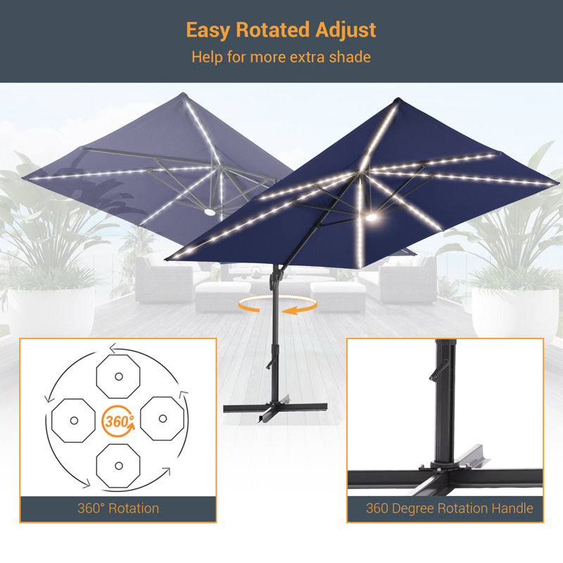 Parasol lumineux en porte-à-faux rectangulaire à levier 11,5 pi x 9 pi Trixie, Bleu marine