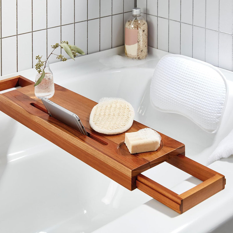 Teak Wood Freestanding Bathtub Tray with Pillow and Scrubber