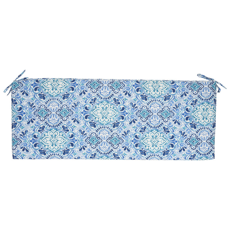 Outdoor Bench Cushion, White/Blue/Fiorella Baltic Moroccan, 51" W x 19" D