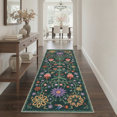 Aasen Veridian Floral Machine Washable Green / Black / Yellow / Pink / Purple Indoor Area Rug with Non-Slip Backing