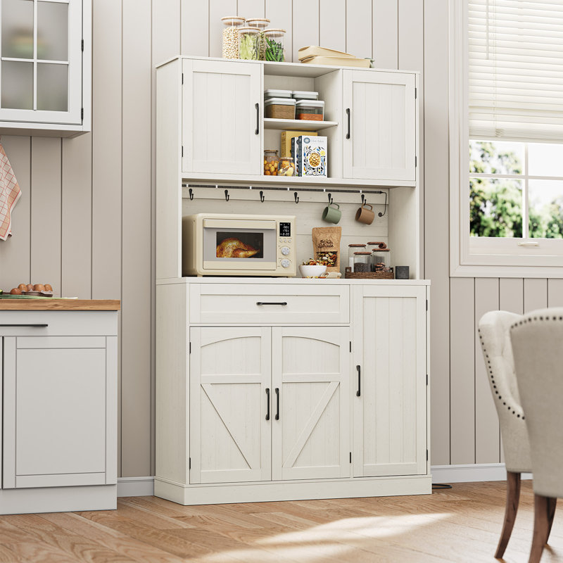 Armoire de rangement pour garde-manger de 71 po de hauteur avec lumière DEL et station de charge, huche de cuisine avec tablette à micro-ondes et 6 crochets, tablettes de porte et tiroir et tablettes réglables pour la salle à manger