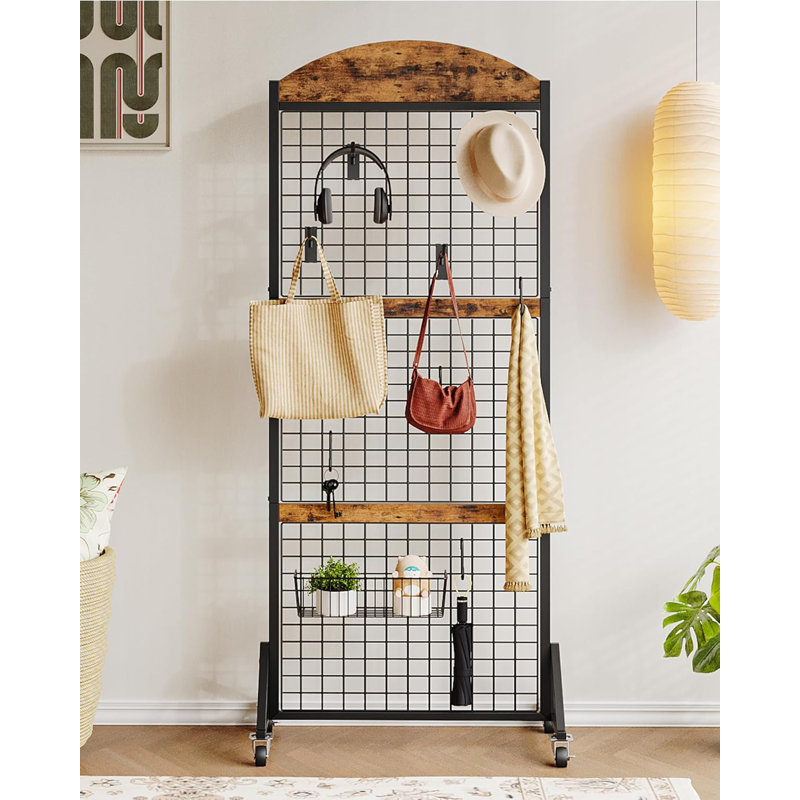 Movable Gridwall Display Stand, Sturdy Floorstanding Wire Grid Rack, Rustic Brown And Black