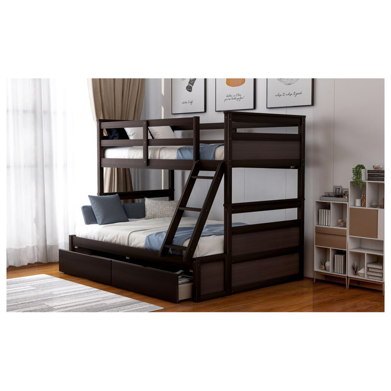 Twin over Full Bunk Bed with Storage Drawers, Solid Wood Frame in Espresso